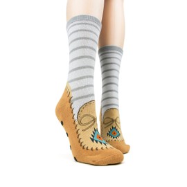 Moccasin Slipper Socks, Grey/Brown, womens size 4-10