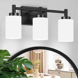 Lomoky 3-Light Bathroom Vanity Light Fixtures Over Mirror, Rustproof Vanity Lights for Bathroom, Modern Black Bathroom Lights Wall Mount with Milky White Glass Shades for Bedroom Living Room