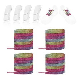 LT Easiyl 2 Pairs No Tie Shoe Laces Elastic Tieless Shoelace Rainbow Colored Shoelaces & White Magnetic Buckle fits Sneakers Canvas Casual Shoes Boots