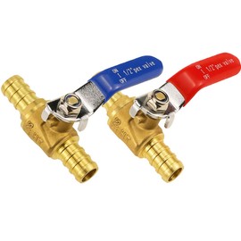 Horiznext pex valves 1/2 inch, brass full port pex shut off valve barb kit with crimp rings for water pipe fitting air hose fuel tubing and gas line (1 red & 1 blue)