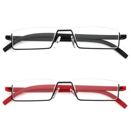 REAVEE 2 Pack Half Reading Glasses for Women Men, Lightweight Half Frame Slim Metal Readers with Portable Case, Black and Red +3.5