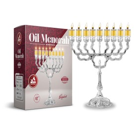 Ner Mitzvah Silver Plated Oil Menorah - Fits Standard Chanukah Oil Cups and Large Candles - Olive Branches - 11.5” High