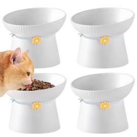 4 Pcs Raised Cat Bowls, Ceramic Tilted Cat Food Bowl, Stress-Less Elevated Porcelain Pet Feeder Dish with Decor Rings, Water Bowls for Dry and Wet Food, Reduces Neck Strain & Backflow