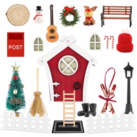 Gnome Door Set, 26-Piece Gnome Door Set Christmas, Complete Gnome Accessories with Light, Christmas Tree, Reindeer, Ladder and Miniature Decoration - Perfect Christmas Decoration for Fairy Door and