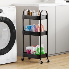LIWNYRK 3 Tier Slim Metal Rolling Storage Cart for Laundry Room Storage & Kitchen Organizer, 7.1'' Wide Thin Shelf for Narrow Spaces, Rolling Cart with Wheels & Lockable Casters for Bathroom, Black
