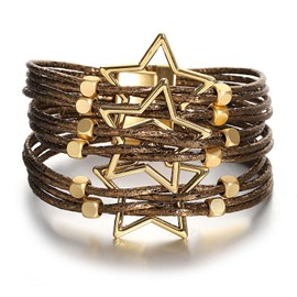 hotoo Coffee Leather Wrap Bracelet for Women Wristband Star Bohemian Multi-Layer Wrap Bangle Beads Bracelet with Buckle Boho Star Leather Cuff Bracelets