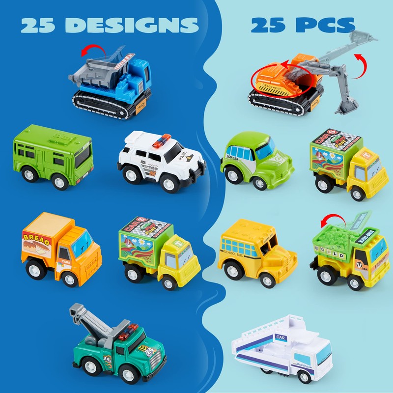 JOYIN 25 Pieces Pull Back Cars and Trucks Toy Vehicles