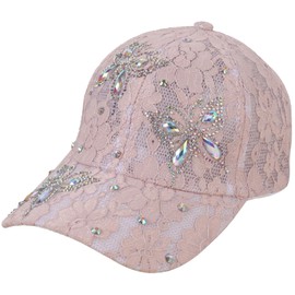 Summer Lace Baseball Cap Women Flower Mesh Rhinestone Butterfly 3D Floral UV Protection Outdoor Hat, A-pink, One Size