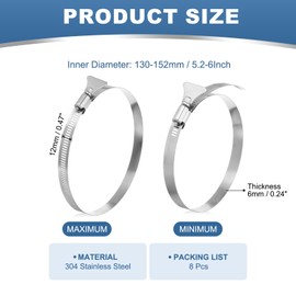 PATIKIL 5-1/2" Stainless Steel Hose Clamp, 8 Pcs 130-152mm (5.2-6Inch) Adjustable Thumb Screw Key Type Clamps Worm Gear Hose Clamp for Dryer Vent Dust Collector Automotive, Silver Tone