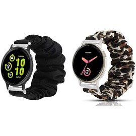 Blueshaweu for Forerunner 165 20mm Fabric Elastic Scrunchie Elastic Women Replacement Straps Compatible with Garmin Forerunner 165/vivoactive 5/Forerunner 55 smart watch (Black+Leopard)