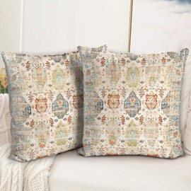 BUAEL Boho Floral Throw Pillow Covers 18x18 inch Set of 2,Beige Boho Rug Geometric Floral Pattern Decor Double Sided Pattern Cushion Cover Soft Pillow Case Living Sofa Room Bed Square Pillow Cover