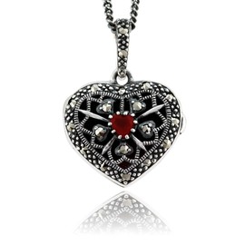 Gemondo 925 Sterling Silver Cornelian and Marcasite Heart Locket Pendant with 45cm Necklace