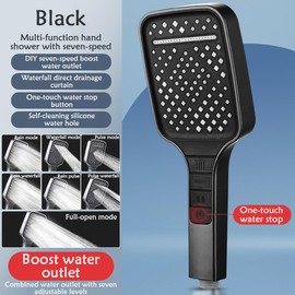 Shower Head, Water Saving with Stop Button, Hand Shower, Pressure Increasing Universal Shower Heads, Rain Shower Head Pressure Increasing, Shower Head Rain Shower with 7 Jet Types (Black)