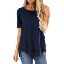 HIYIYEZI Womens O Neck Plain Side Split Loose Casual Tshirt Tops (Medium,Navy Blue)