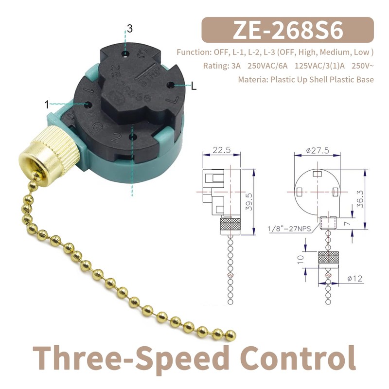HUAXRUI Ceiling Fan Pull Chain Switch ZING Ear ZE-268S6, Ceiling