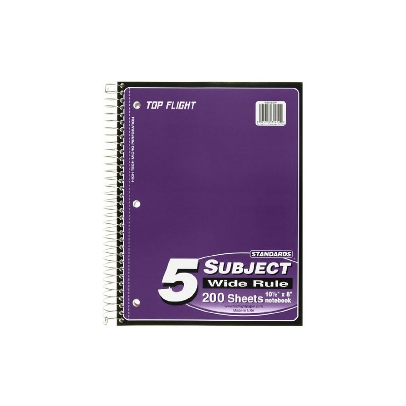 Top Flight Standards 5-Subject Wirebound Notebook, 200 Sheets, 3-Hole Punched,