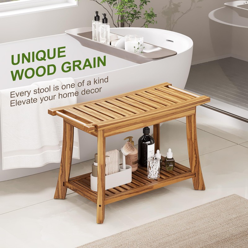 Jekruiet 24" Solid Teak Shower Bench with Towel Bar &