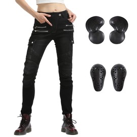 LOMENG LOMENG Women Motorcycle Riding Pants Motocross Cycling Jeans Slim Stretch Pants CE Knee Hip Removable Armored Black EU28