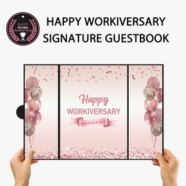 DARUNAXY Rose Gold Happy Workiversary Party Decorations, Happy Work Anniversary Alternative Signature Guest Book for Women Pink Employee Business Gifts Signing Card Board for Office Supplies