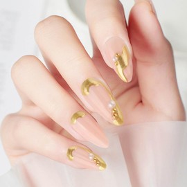 XZMeiLun Gold French Tip Press On Nails Medium Almond, Pearl Charms French Tip Sticke On Nails, Designer Reusable Acrylic Nails Press Ons, Fake Nails With Glue On Nails, Daily Wea False Nail For Women