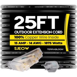 TerraBloom 14/3 Heavy Duty Extension Cord 25 FT Outdoor - Black Outdoor Extension Cord Multiple Outlet - Ultra-Flexible SJEOW Rubber, Light Indicator, Triple Outlet for Maximum Efficiency - 15 Amp