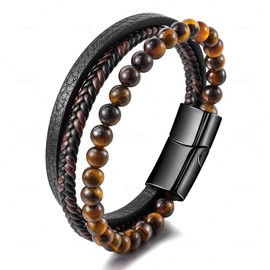 Yukiha Natural Beaded Bracelet for Men, Genuine Leather Multi‑Layer Wrap