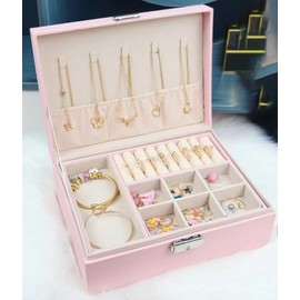 Vintage PU Leather Jewelry Box - 2 Layer Travel Organizer with Lock for Rings, Earrings, Necklace, Bracelet & Watch (pink)