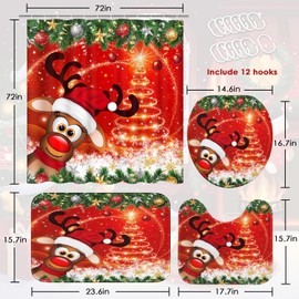 Bribay 4 Piece Christmas Shower Curtain Sets, Christmas Deer Pine Branches Abstract Xmas Tree with Non-Slip Rugs, Toilet Lid Cover and Bath Mat for Bathroom Decor Set, 72" x 72"
