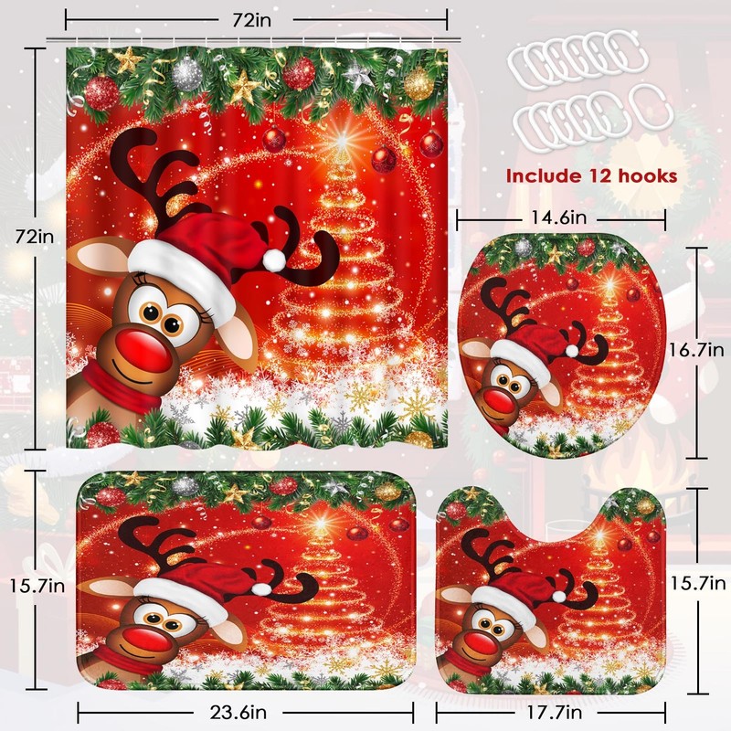 Bribay 4 Piece Christmas Shower Curtain Sets, Christmas Deer Pine