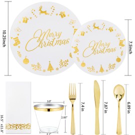Ciaell 175 Pieces Christmas Plastic Plates - Christmas Gold Plastic Plates include 25Dinner Plates, 25Dessert Plates, 25Knives, 25Forks, 25Spoons, 25cups, 25 Christmas Napkins for Christmas Party