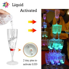 LED Wine Champagne Flute Glasses, Homeya (Set of 6 Multi-Color) Water Liquid Activated Flashing Light Up Cup Blinking Cocktail Whisky Drinkware Glow Mugs for Wedding Bar Club Christmas Party Gifts