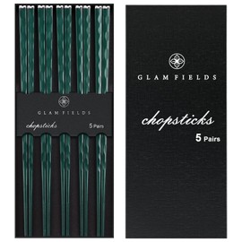 GLAMFIELDS 5 Pairs Chopsticks Reusable, Premium Fiberglass Chop sticks Dishwasher Safe for Sushi Ramen, Non-slip, 9 1/2 inches - Gift Set Green with Silver Plated