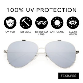 zeroUV Mirrored Oversized Aviator Sunglasses for Women and Men, Metal Frame & UV400 with Large Flat Mirror Lens 58mm (Silver/Silver Mirror)