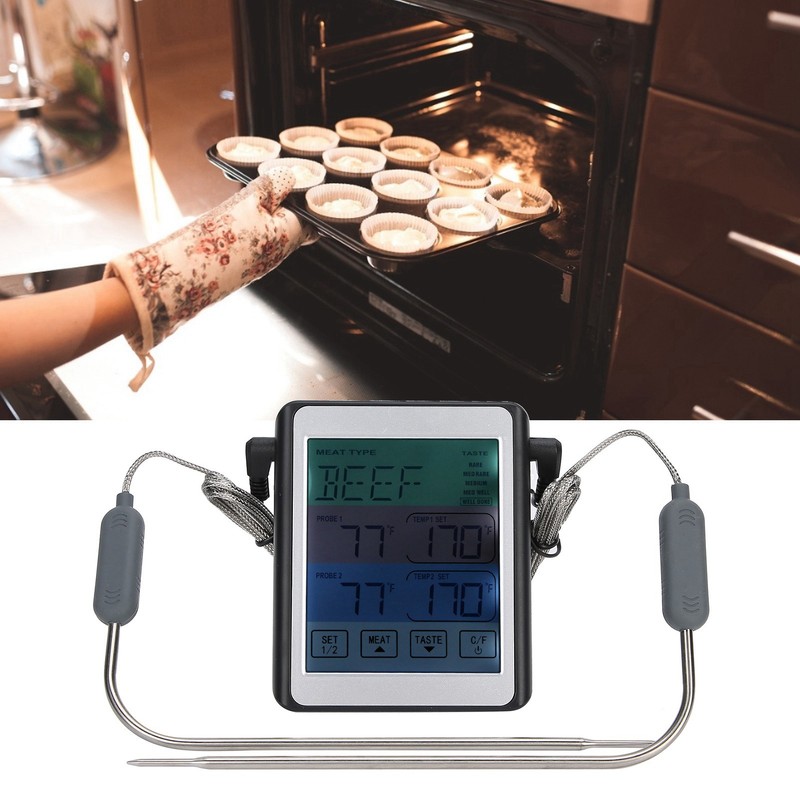 Digital Thermometer Dual Probe Meat Temperature Meter Tester Timer Alarm