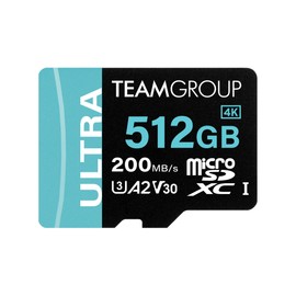 TEAMGROUP A2 Ultra Card 512GB Micro SDXC UHS-I U3 A2 V30, R/W up to 200/170 MB/s with Adapter TULMSDX512GIA2V3022503
