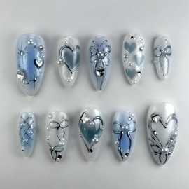 24Pcs Blue Heart Press on Nails Medium Almond Fake Nails with 3D Silver Gems Bow Star Design Cute Butterfly False Nails Full Cover Artificial Glue on Nails Gradient Handmade Stick on Nails for Women