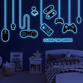 Gaming Wall Decals Glow in The Dark Wall Decals Video Game Zone Wall Stickers Removable Gaming Room Wall Decor Peel and Stick for Boys Kids Bedroom Playroom-Blue