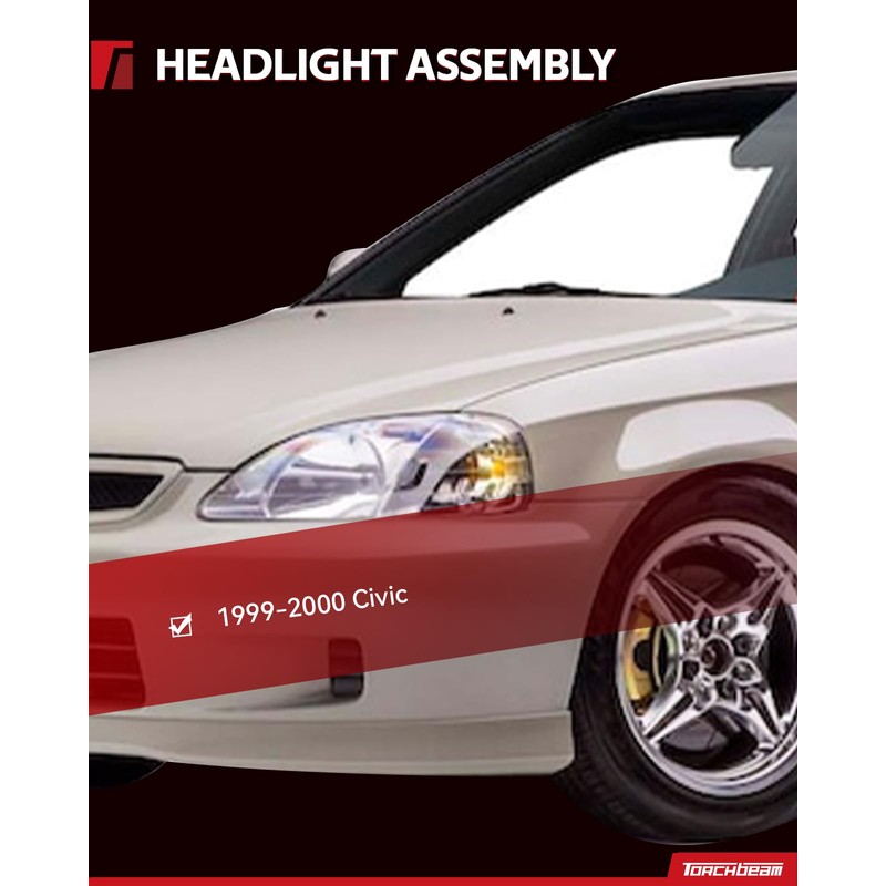 Torchbeam Headlight Assembly, Replacement for Civic 1999-2000, Bumper Headlamp Black