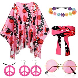 Hippie Costume Set, Hippie Poncho Women, 6 Pieces Pink Hippie Costume Women's Poncho Set Plus Size, Peace Sign Necklace Earrings, Flowers Headband, Hippie Headbands, 60s 70s Fancy Dress Costume