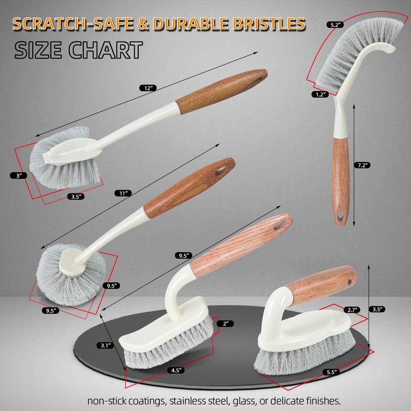 Attoshow 5-Pack Heavy Duty Scrub Brushes Set with Wooden Handles,