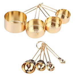 Juego de Tazas y Cucharas Medidoras, 8 Piezas, Acero Inoxidable, Repostería, Cocina, Hornear, Medidas Exactas, Antideslizantes, Apilables, Oro