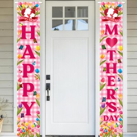 Mother’s Day Door Banner Decorations – Vertical Happy Mother’s Day Hanging Porch Banners with Floral Plaid Design for Front Door, Party, Home, and Spring Celebrations