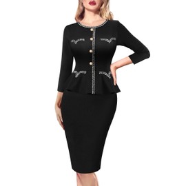 VFSHOW Womens 2024 Work Office Business Buttons Peplum Dress Vintage Church Crew Neck Patchwork Slim Pencil Sheath Dress (Black, Large) 11401 BLK L