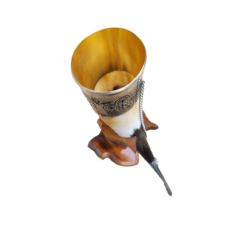 Viking Drinking Horn, 5-7oz Medieval Natural Handcrafted Horn with Wooden