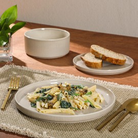 Gibson Elite Solana Coast 12 Piece Stoneware Reactive Glaze (Service for 4) Ceramic Plates and Bowls Modern Shape Embossed Dinnerware Set - Cream White