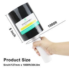 BOMEI PACK3 Roll Industrial Black Mini Stretch Wrap Roll with Handle 5" x 1000Feet 80 Gauge, Heavy Duty Durable Self-Adhering Plastic Wrap for Packing, Moving