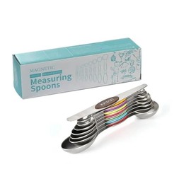 Magnetic Measuring Spoons, 7-piece durable stainless steel, stackable, color-coded handles; strong magnet; for dry and liquid ingredients for Kitchen; dual sided to fit in small spice jars