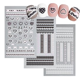 Pilviz Nail Stickers Ribbon, Set of 3, 5D, Heart, Plaid, Lace, White, Black, Pink, Sticker Design, Art Parts, Resin (Ribbon 3C)