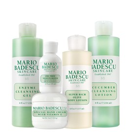 Mario Badescu MB Favourites Collection, set de regalo para el cuidado de la piel que incluye humectante SPF 17, gel limpiador enzimático, loción limpiadora de pepino, crema de manos, loción corporal, bolsa de cosméticos y espejo compacto