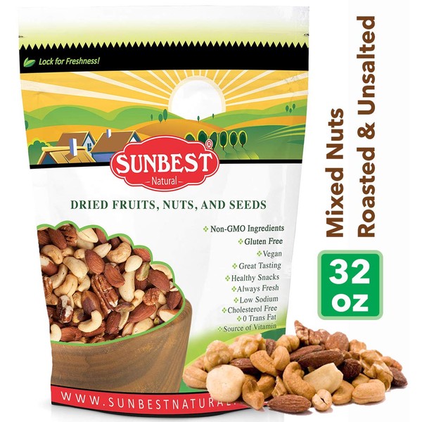 SUNBEST NATURAL Mixed Nuts Roasted & UNSalted (Cashews, Almonds, Brazil Nuts, and Pecans) (No Peanuts) ( 2 Lb)